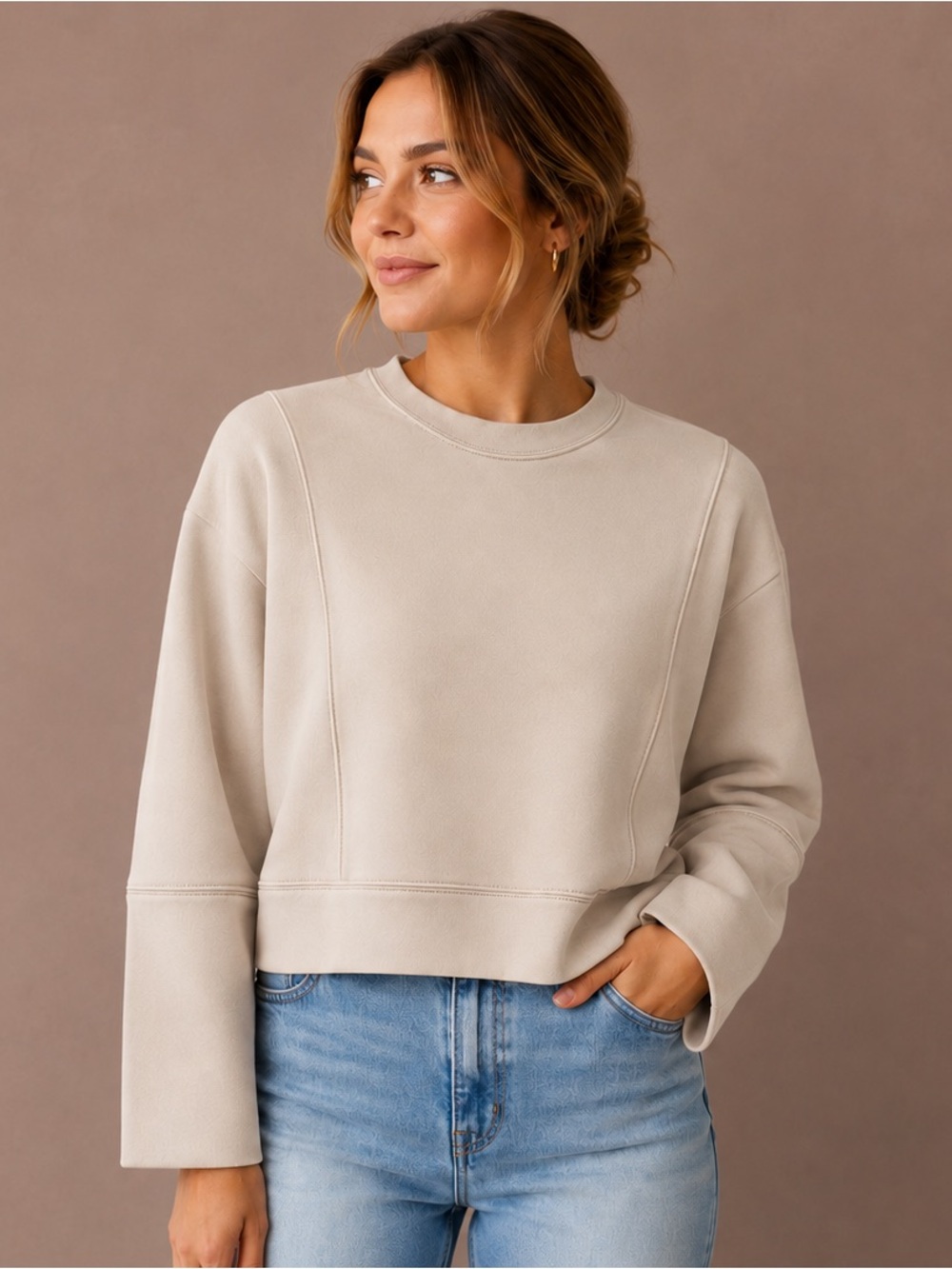 Joie Seam-Detail Crewneck Sweatshirt Beige Tan Size XS GUC